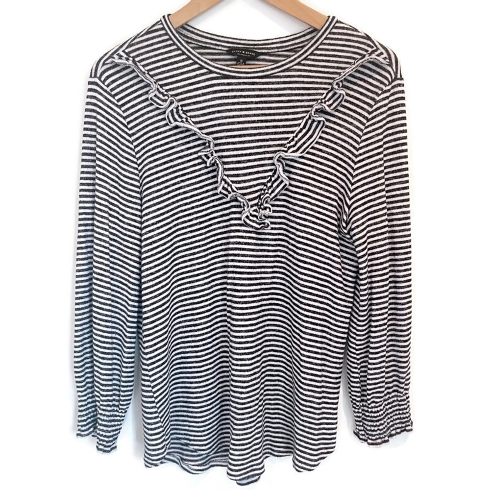 Lucky Brand Western Knit‎ Long Sleeve Ruffle Top, Black & White Striped - Size M